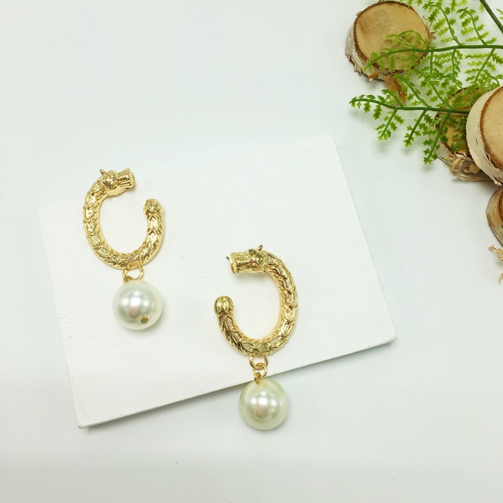Dragon Gold Tone Pearl Dangle Earrings (D11)
